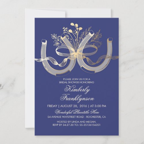 Rustic Country Horseshoes Gold Navy Bridal Shower Invitation