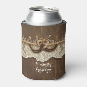 Rustic Country Horseshoes Lace Wood Brown Wedding Can Cooler