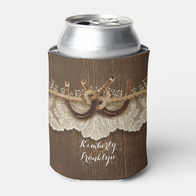 Rustic Country Horseshoes Lace Wood Brown Wedding Can Cooler (Can Front)