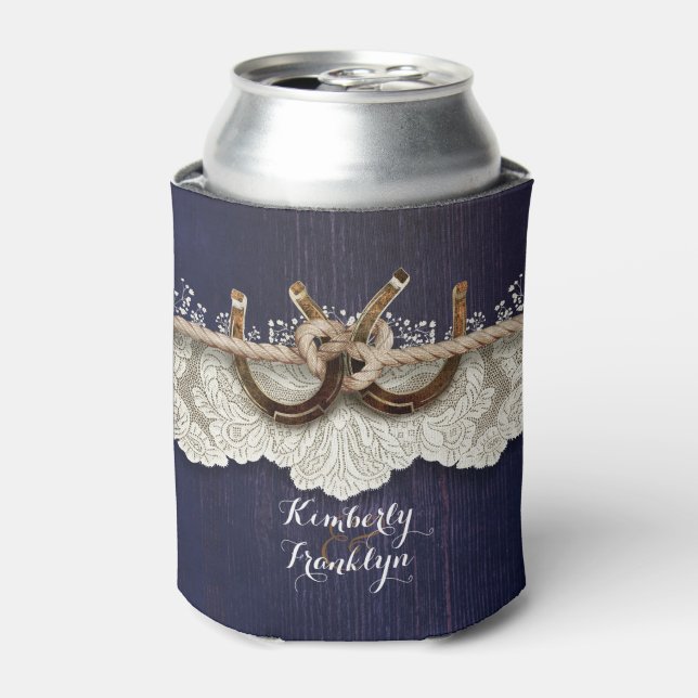 Rustic Country Horseshoes Lace Wood Navy Wedding Can Cooler (Can Front)