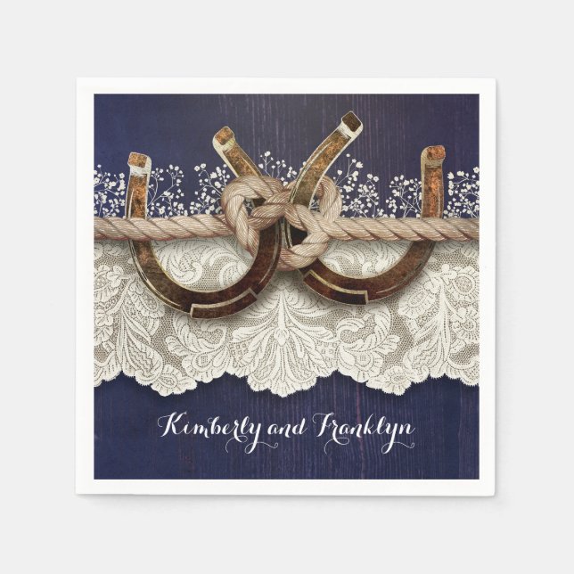 Rustic Country Horseshoes Lace Wood Navy Wedding Paper Napkins (Front)