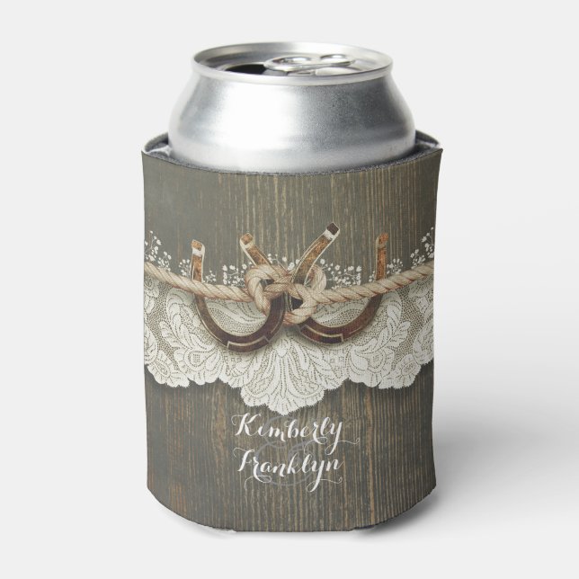 Rustic Country Horseshoes Lace Wood Wedding Can Cooler (Can Front)