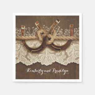 Rustic Country Horseshoes Lace Wood Wedding Paper Napkins