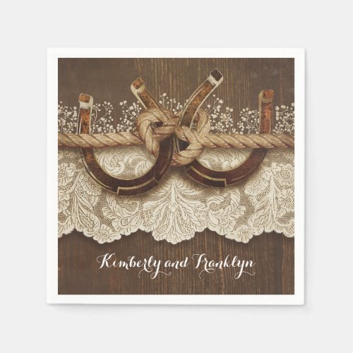 Rustic Country Horseshoes Lace Wood Wedding Paper Napkins