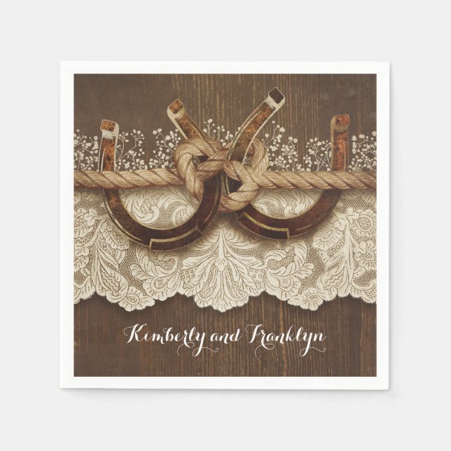 Rustic Country Horseshoes Lace Wood Wedding Paper Napkins (Front)