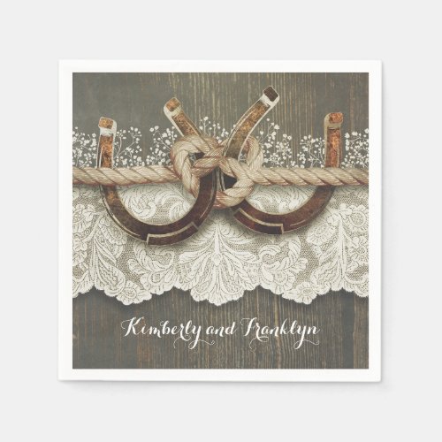 Rustic Country Horseshoes Lace Wood Wedding Paper Napkins