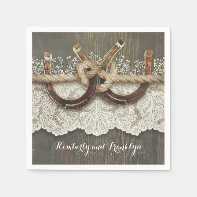 Rustic Country Horseshoes Lace Wood Wedding Paper Napkins (Front)