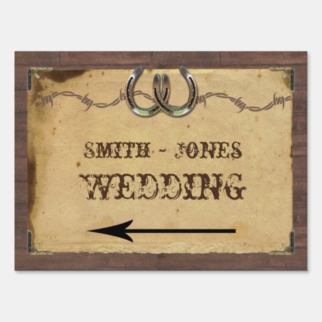 Rustic Country Horseshoes Wedding Direction Sign (Back)