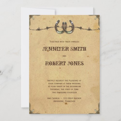 Rustic Country Horseshoes and Barbed Wire Wedding Custom Announcements