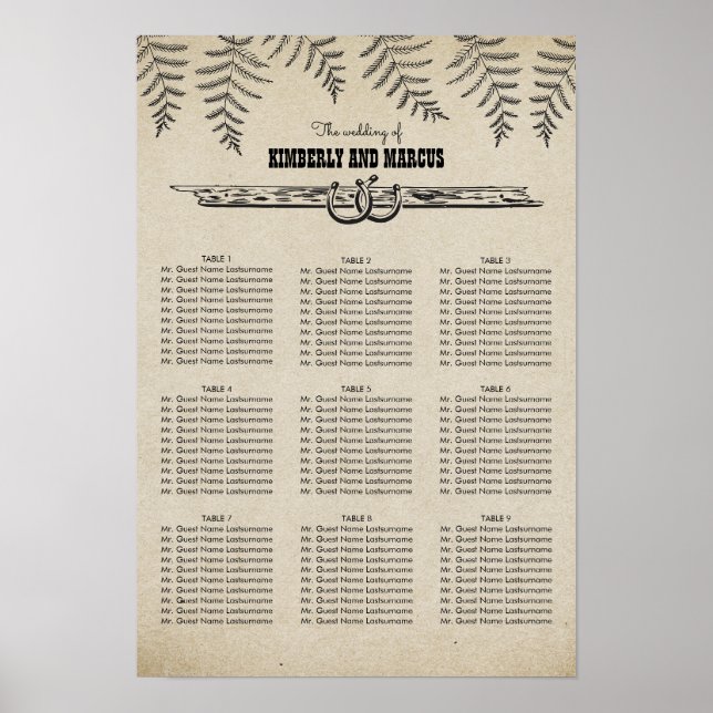 Rustic Country Horseshoes Wedding Seating Chart (Front)