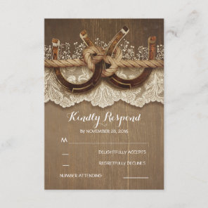 Rustic Country Horseshoes Wood Lace Wedding RSVP