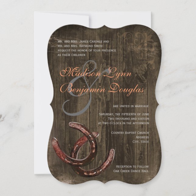 Rustic Country Horseshoes Wood Wedding Invitations (Front)