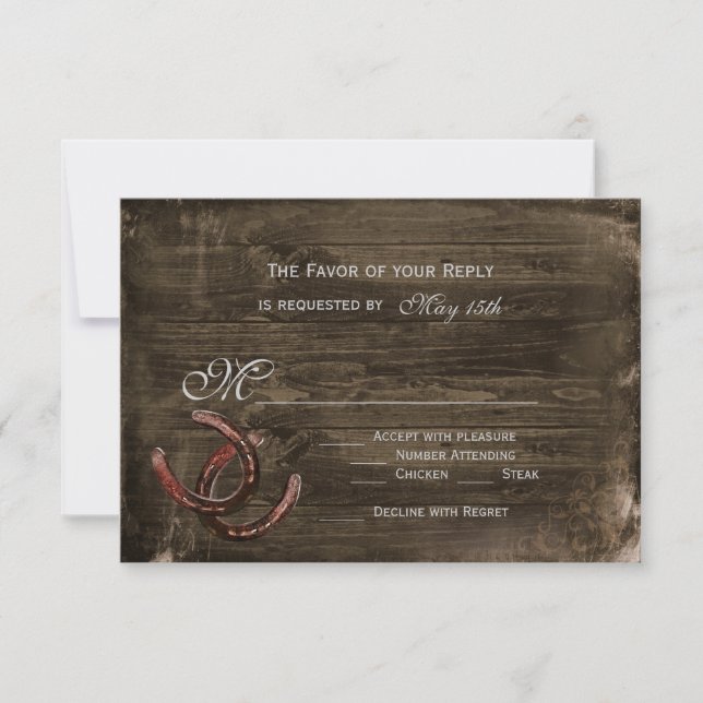 Rustic Country Horseshoes Wood Wedding RSVP Cards (Front)