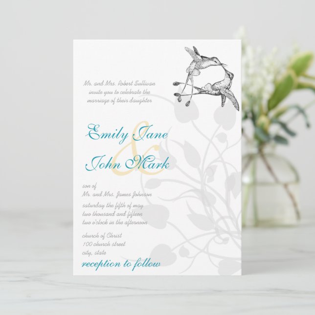 Rustic Country Hummingbird Kiss Love Bird Wedding Invitation (Standing Front)