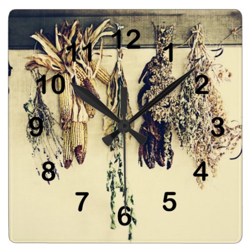 rustic country kitchen - dried herbs square wall clock