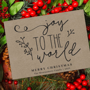 Rustic Country Kraft Joy to the World Handwritten Holiday Card