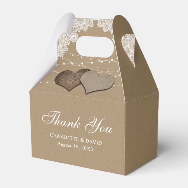Rustic Country Kraft Paper Lace Lights Wedding Favor Boxes (Front Side)