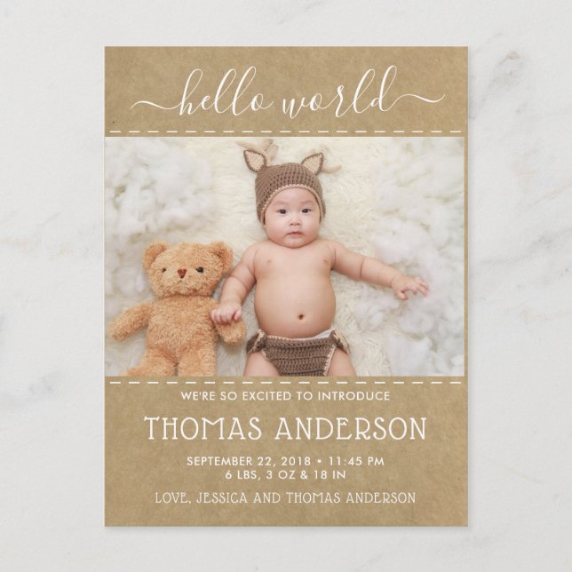 Rustic Country Kraft Photo Birth Announcement (Front)