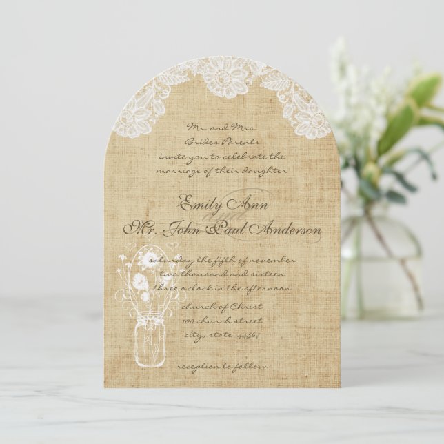 Rustic Country Lace and Burlap Wedding Invitations (Standing Front)