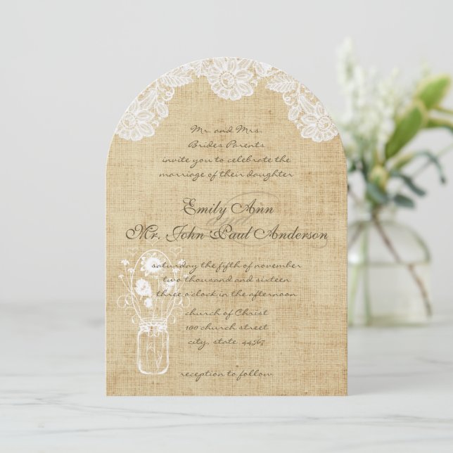Rustic Country Lace and Burlap Wedding Invitations (Standing Front)