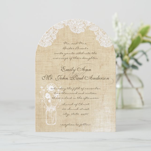 Rustic Country Lace and Burlap Wedding Invitations (Standing Front)