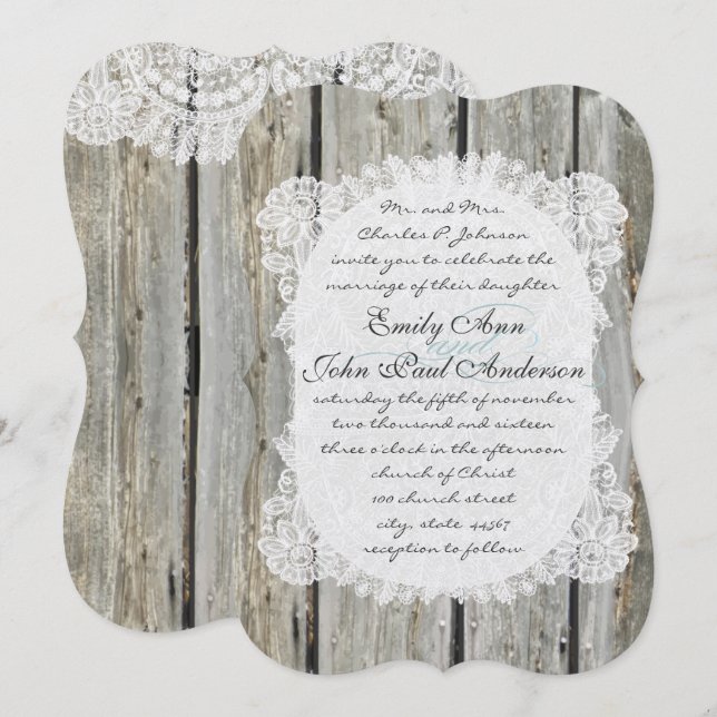 Rustic Country Lace Barn Wood Wedding Invitations (Front/Back)