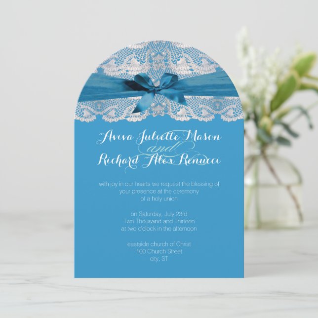 Rustic Country Lace Blue Wedding Invitations (Standing Front)
