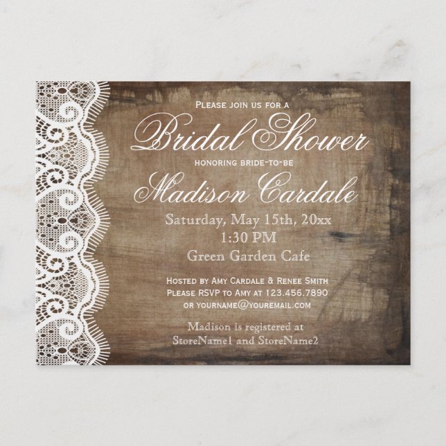 Rustic Country Lace Bridal Shower Invite Postcards (Front)