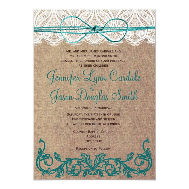 Rustic Country Lace Brown Teal Wedding Invitations
