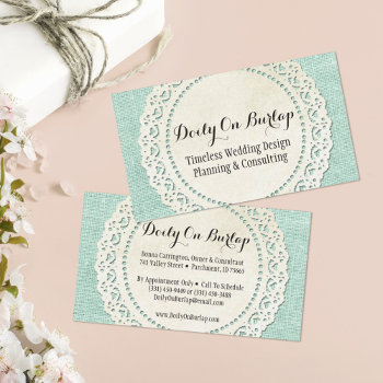 Rustic Country Lace Doily On Aqua Blue Burlap Business Card by CyanSkyDesign at Zazzle