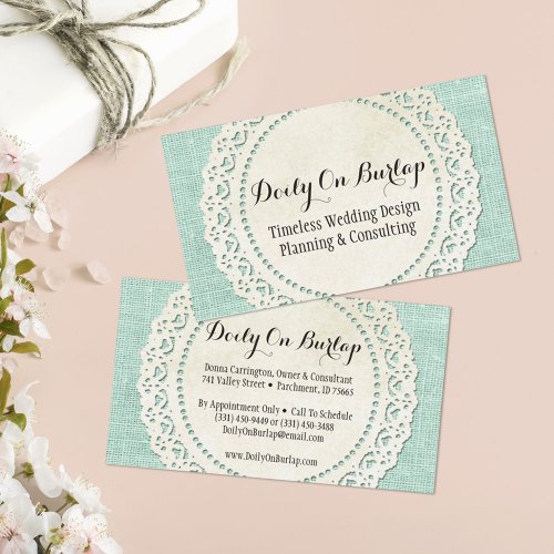Rustic Country Lace Doily on Aqua Blue Burlap Business Card