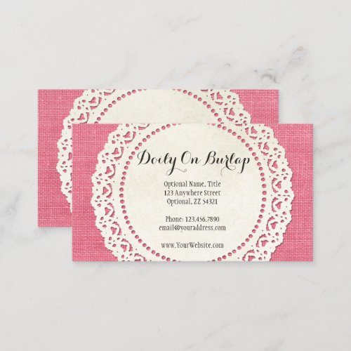 Rustic Country Lace Doily on Hot Pink Burlap Business Card