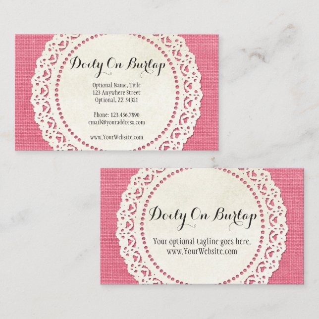 Rustic Country Lace Doily on Hot Pink Burlap Business Card (Front/Back)