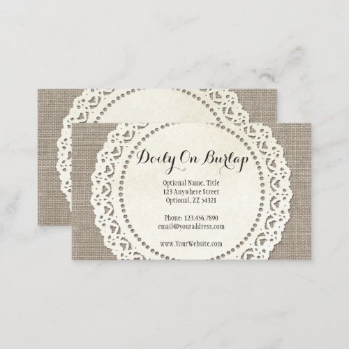 Rustic Country Lace Doily on Natural Brown Burlap Business Card