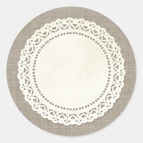 Rustic Country Lace Doily on Natural Brown Burlap Classic Round Sticker
