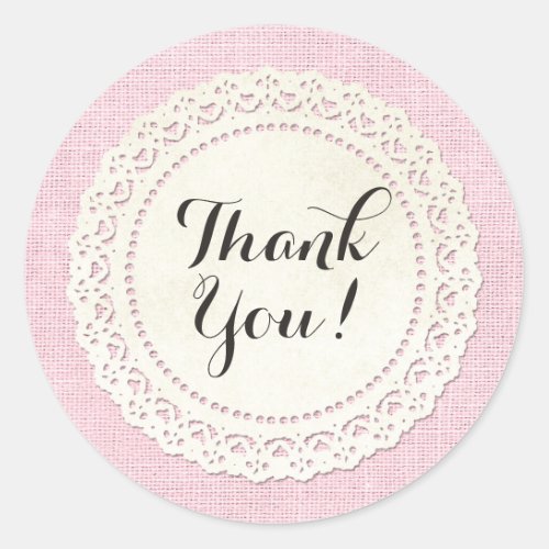 Rustic Country Lace Doily on Shabby Pink Thank You Classic Round Sticker