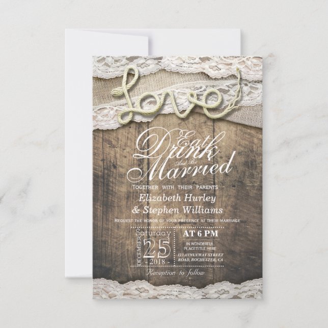 Rustic Country Lace EAT Drink Be Married Wedding Invitation (Front)