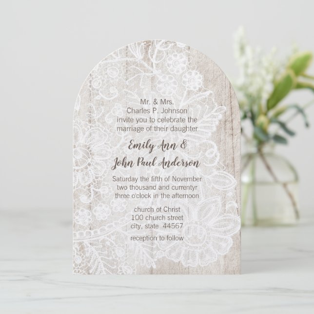 Rustic Country Lace Farmhouse Barn Wood Wedding Invitation (Standing Front)