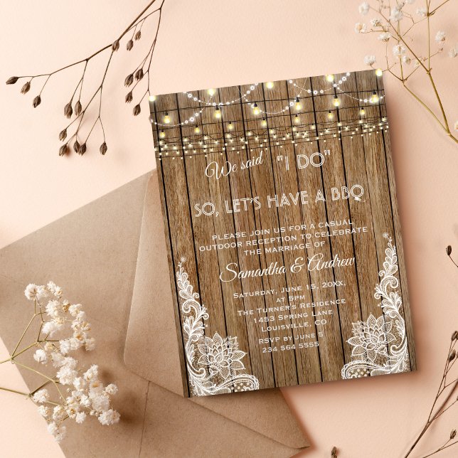 Rustic Country Lace String Lights I DO BBQ Invite (we said I DO invitation, rustic lace wood bbq after invite, modern wood string lights wedding bbq)