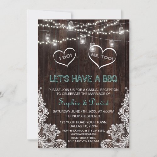 Rustic Country Lace String Lights Wood I DO BBQ Invitation