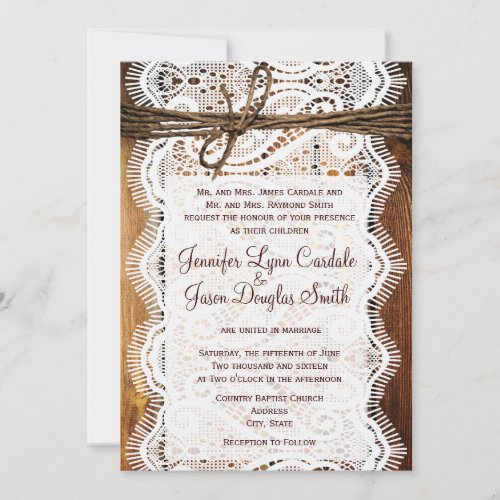 Rustic Country Lace Twine Wood Wedding Invites