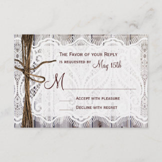 Rustic Country Lace Twine Wood Wedding RSVP Card