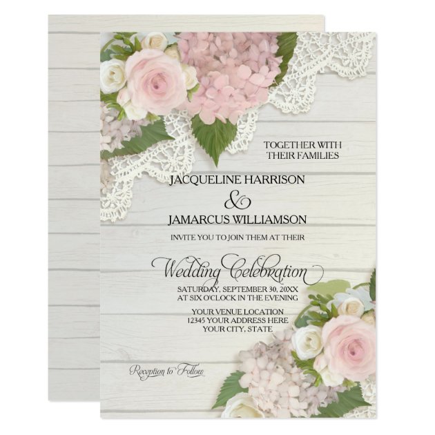 Rustic Country Lace Wood N Pink Hydrangeas Wedding Invitation