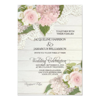 Rustic Country Lace Wood n Pink Hydrangeas Wedding Invitation