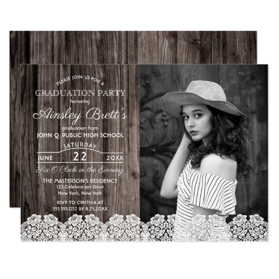 Rustic Country Lace | Wood Photo Graduation Party Invitation