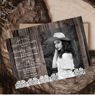 Rustic Country Lace Wood Photo Graduation Party Invitation