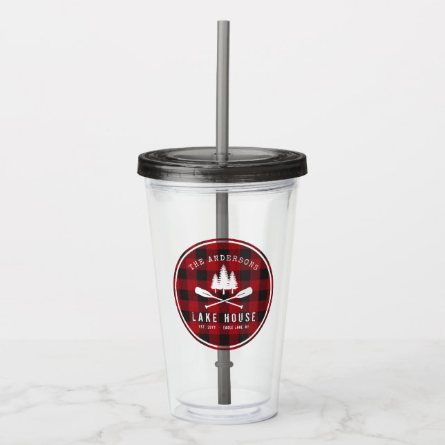 Rustic Country Lake House Tree Red Buffalo Plaid Acrylic Tumbler (Front)
