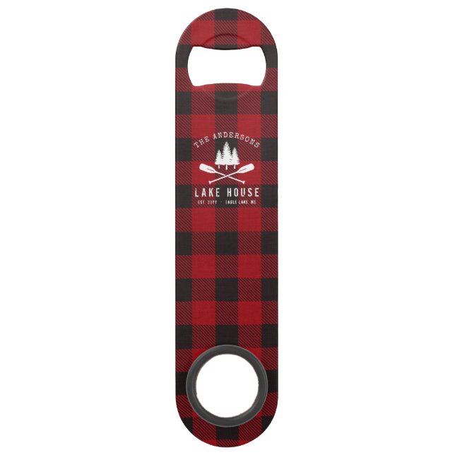 Rustic Country Lake House Tree Red Buffalo Plaid Bar Key (Front)