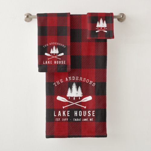 Rustic Country Lake House Tree Red Buffalo Plaid Bath Towel Set