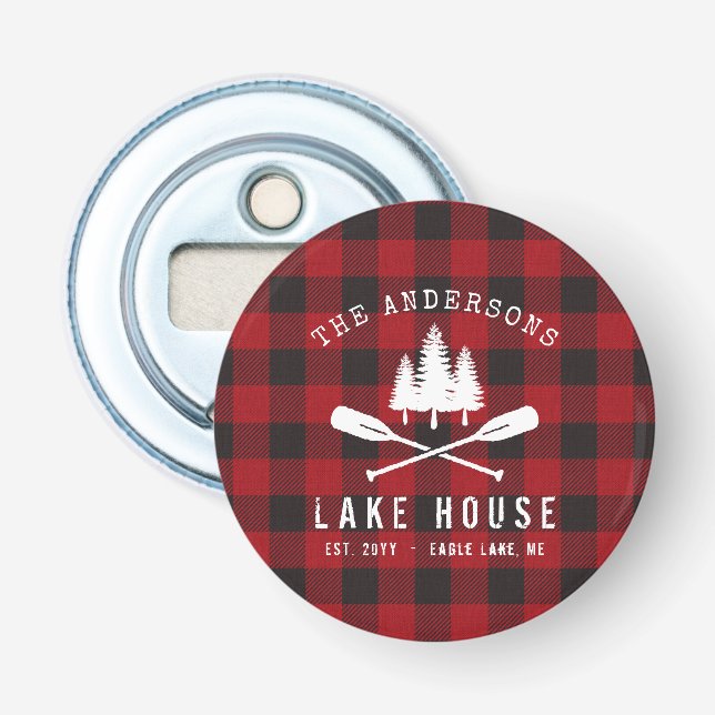 Rustic Country Lake House Tree Red Buffalo Plaid Bottle Opener (Front)